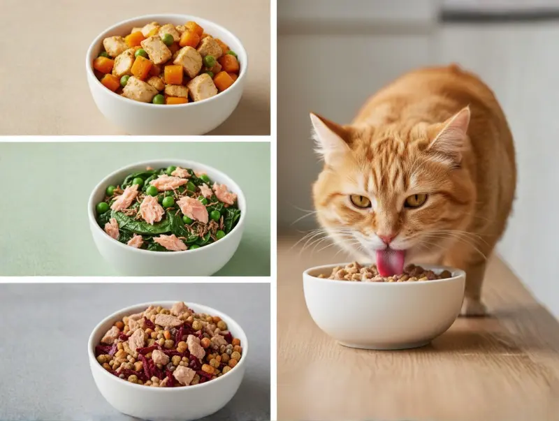 Healthy cat food bowls featuring fresh salmon with greens, chicken chunks, and an orange tabby cat enjoying a balanced meal
