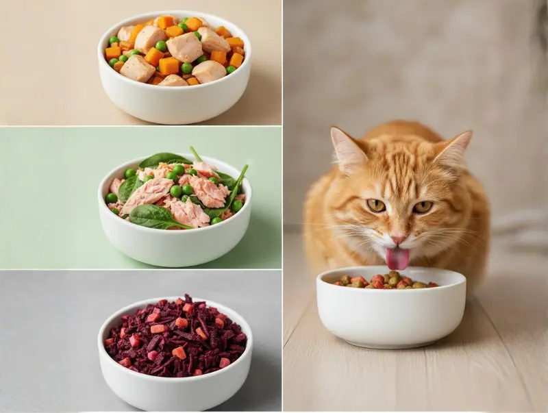 A collage showing various healthy indoor cat food options like salmon, chicken with vegetables, and dry kibble being eaten by a ginger cat