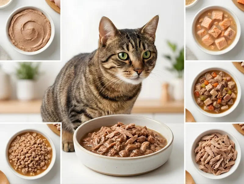 Top wet cat food with real meat pieces like salmon, chicken, and beef chunks