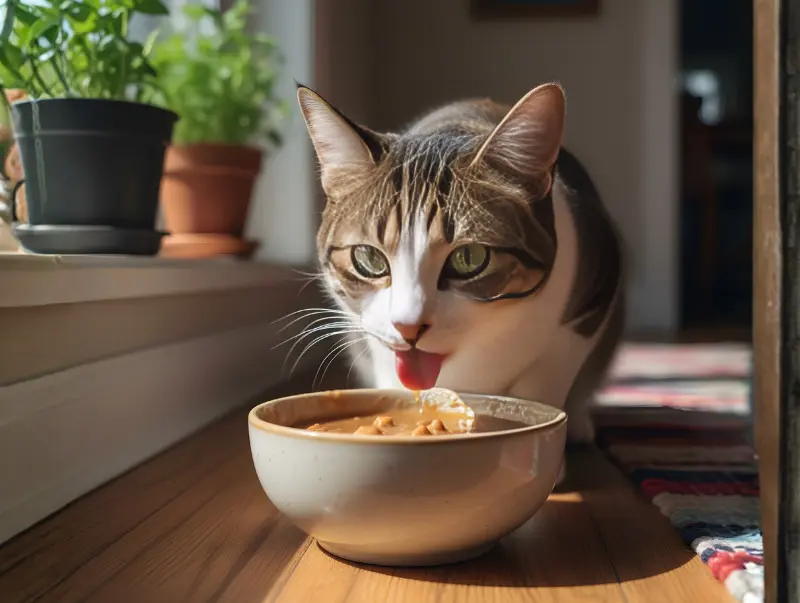 Tabby cat enjoying a hydrating meal of wet food to prevent dehydration