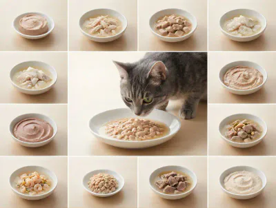 Various healthy low fat wet cat food varieties including fish, shrimp, and chicken textures for a light diet