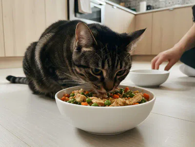 Top wet cat food with vegetables including peas and carrots for balanced feline nutrition